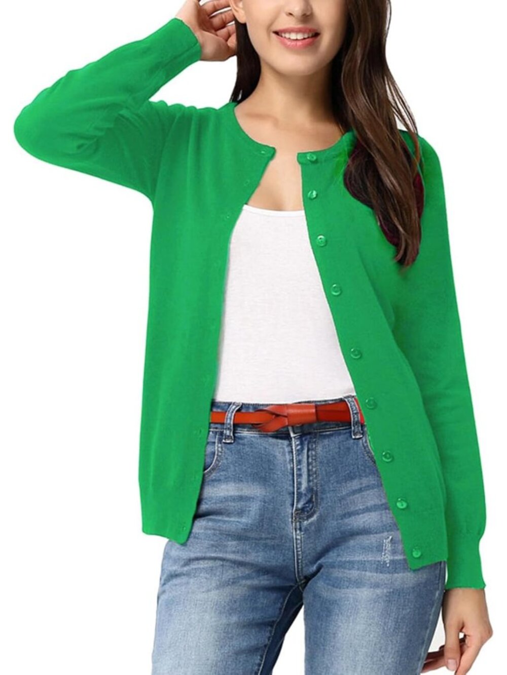 🆕Women's Dark Green Lightweight Knit Cardigan Sweater Crew Neck Button Front